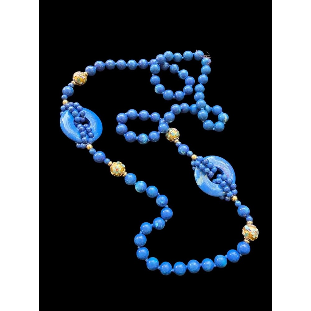 Vintage Chinese Lapis Lazuli Cloisonne Beaded Necklace Blue Enamel 30 Inch